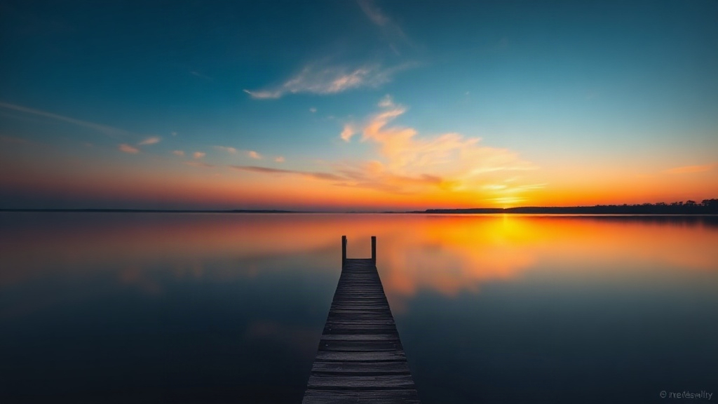 Dawn over a still lake and wooden pier